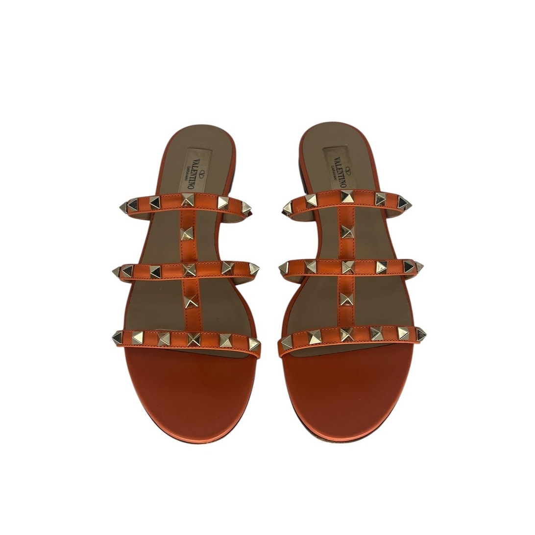Valentino Garavani Rockstud Flat Nappa Slide Sandals Orange 38